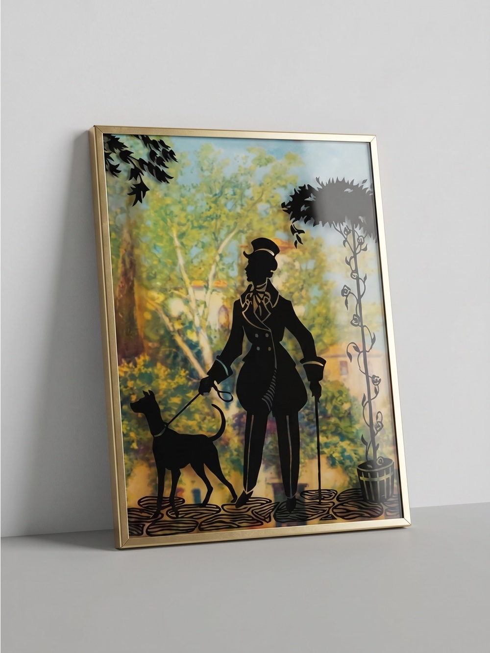 Vintage Framed Silhouette Gentleman & Dog Art – Black Cutout Shadowbox Style